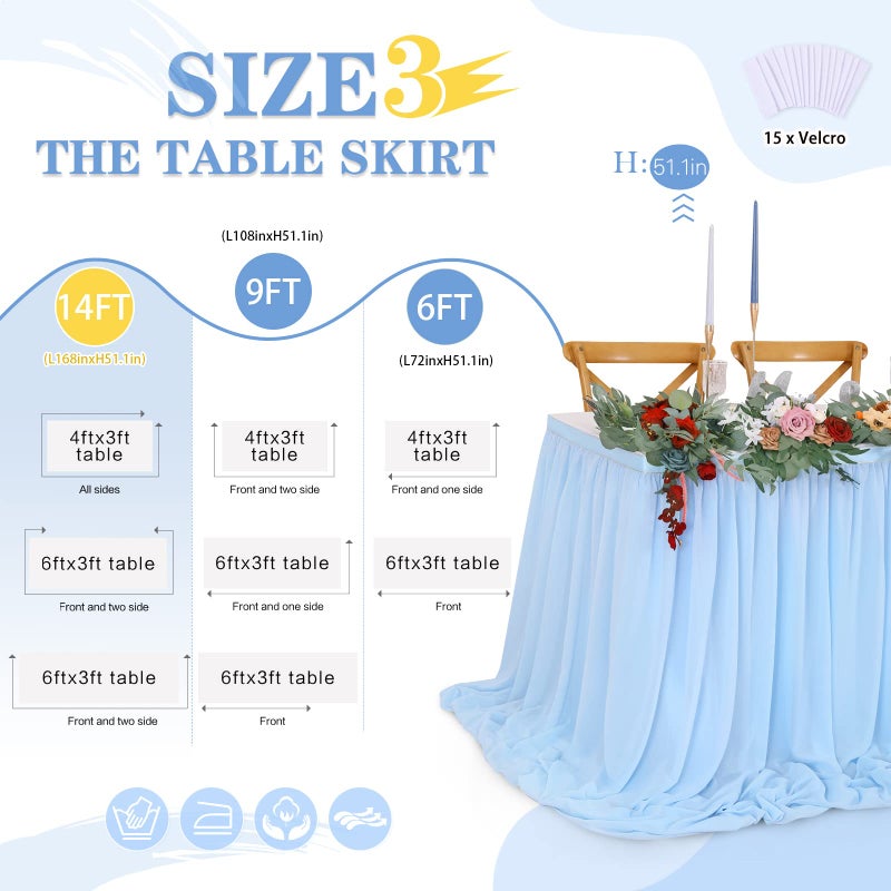 QueenDream Baby Blue Table Skirt for Birthday Party14ft Rectangle or Round Chiffon Table Skirt for Boy Gender Birthday Mermaid Theme Party Decoration - Image 3